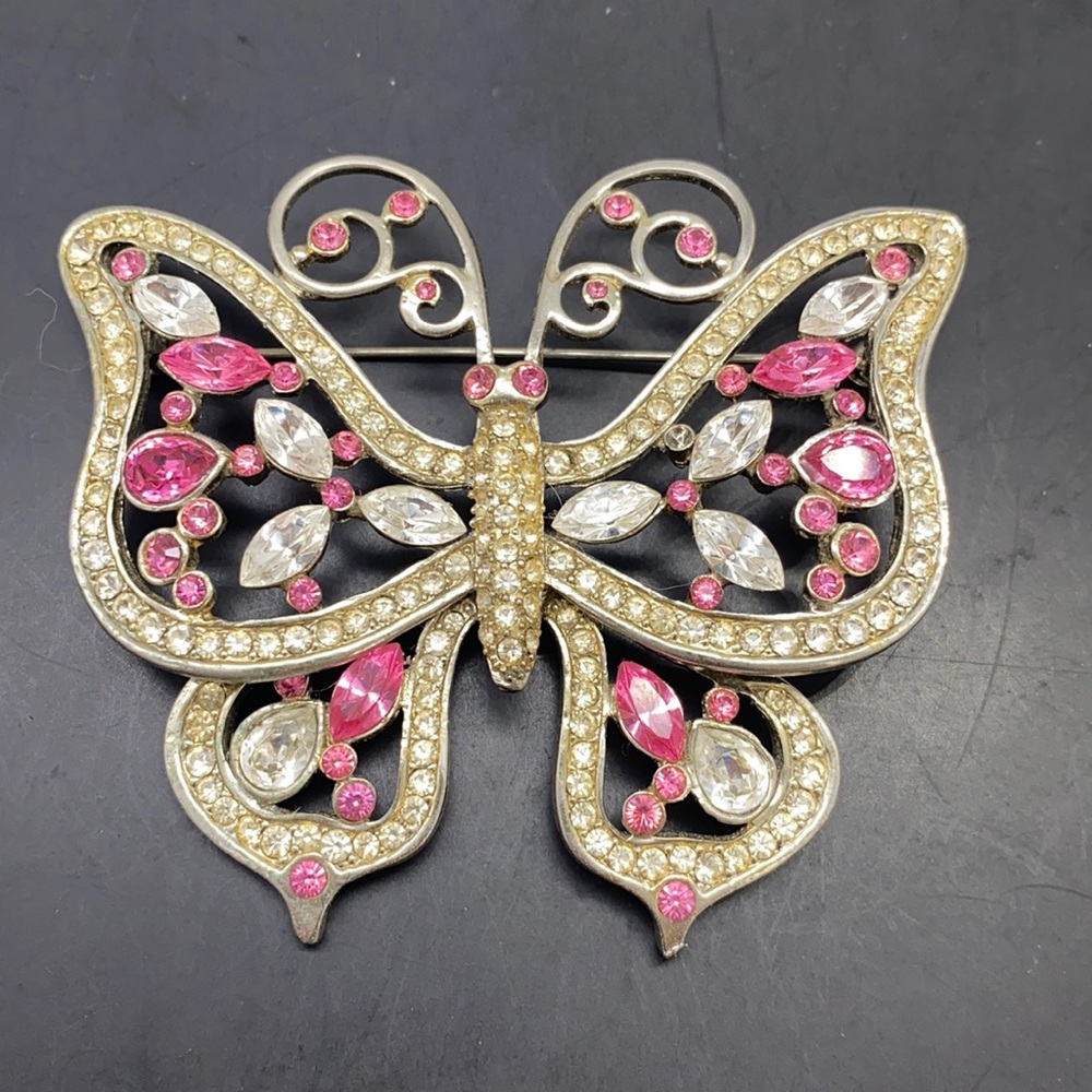 Huge Rhinestone Butterfly Pin Pink Clear Silverplate